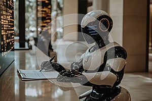 A futuristic humanoid robot writes in a book