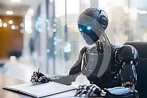 A futuristic humanoid robot writes in a book
