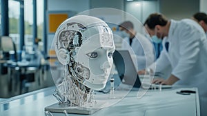Futuristic Humanoid Robotic Head with Exposed Circuitry in Laboratory Setting photo