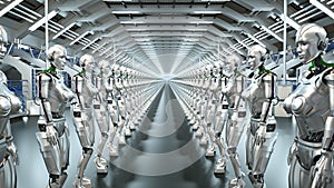 A futuristic humanoid robots in the sci-fi hangar. 3D rendering