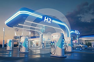 Futuristic Hydrogen Fueling Station at Dusk, Eco-Transport Hub