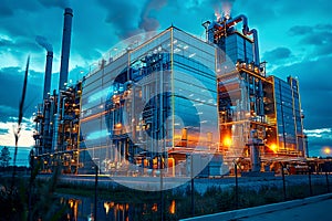 Futuristic hydrogen production facility powered by renewable energy sources, illustrating the role of green hydrogen in