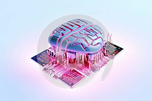 A futuristic illustration of a brain implant chip merged with a computer microchip. Advanced neurotechnology and artificial