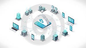 A futuristic illustration of cloud computing and data storage with various devices connected