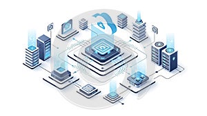 A futuristic illustration of cloud computing and data storage with various devices connected