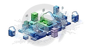 A futuristic illustration of a cloud computing system with servers and data storage