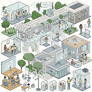 A futuristic illustration depicts a technology-driven workspace featuring various