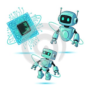 Futuristic Illustration Featuring Artificial Intelligence Robots and Technology Elements