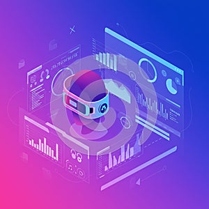A futuristic illustration featuring a virtual reality headset surrounded by digital data