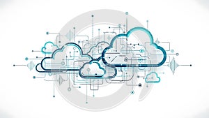A futuristic illustration of interconnected cloud computing technology with circuit board elements