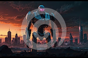 AI Robot Over Sunset City