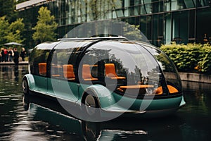 A futuristic image of a driverless car navigating a city street.