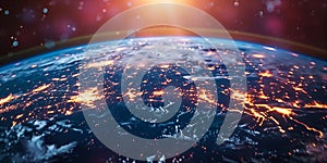 A futuristic image of Earth, illuminated by a digital network of interconnected points. Perfect for projects related to technology