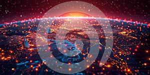 A futuristic image of Earth, illuminated by a digital network of interconnected points. Perfect for projects related to technology