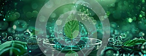 Futuristic concept of artificial intelligence with green leaf and digital elements