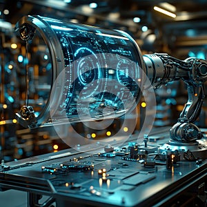 A futuristic image showcasing advanced machinery, holographic display, robotic arm, innovation, data processing