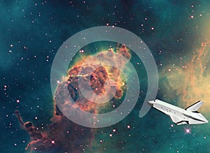 A spacecraft tourism shuttle traveling across Carina Nebula, space tourism concept near future