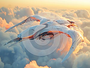 Futuristic Imaginary White Drone Soaring Above Clouds at Sunset, Advanced Aerial Vehicle Concept