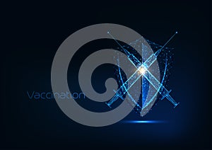 Futuristic immunization concept with glow low polygonal syringe with vaccine and protection shield
