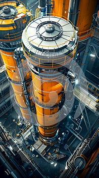 Futuristic Industrial Complex with Large Yellow Cylindrical Structures and Metallic Pipelines