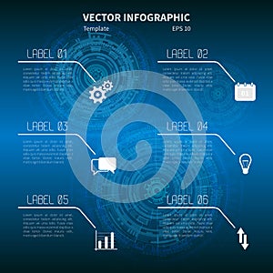 Futuristic infographic template with icons on the blue background.