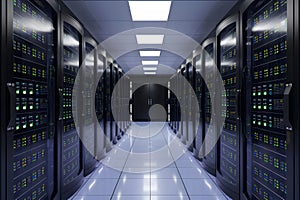 Futuristic infrastructure data center displays network servers in orderly row