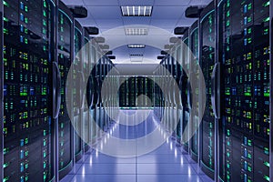 Futuristic infrastructure data center displays network servers in orderly row