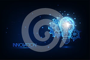 Futuristic innovation technologies concept with glowing low polygonal light bulb and gears