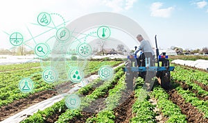 Futuristic innovative technology pictogram and a farmer on a tractor. Agricultural startups, improvements, digitalization photo