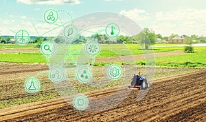 Futuristic innovative technology pictogram and a farmer on a tractor. Science of agronomy. Farming and agriculture startups.