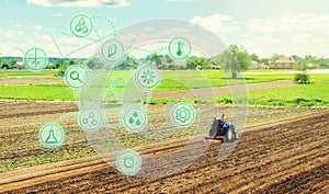 Futuristic innovative technology pictogram and a farmer on a tractor. Science of agronomy. Farming and agriculture startups. photo