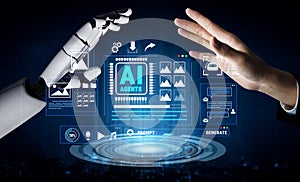 Futuristic Interaction Between Human and AI Technology with Hands and Digital User Interface Elements Displaying