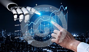 Futuristic Interaction Between Human Hand and Robot Hand Analyzing Digital Data on Screen with Graphs and Charts in