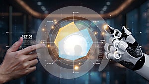 Futuristic Interaction Between Human Hand and Robot Hand with Digital Interface Showcasing Data Visualization and