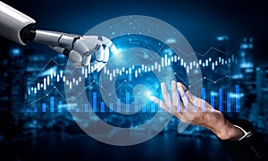 Futuristic Interaction Between Human Hand and Robot Hand with Financial Data Visualization and Digital Elements in a