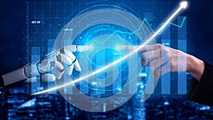 Futuristic Interaction Between Human Hand and Robot Hand Symbolizing Technology Advancement and Data Analytics for