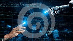Futuristic Interaction Between Human Hand and Robotic Arm with Digital Code Background Representing Technology and