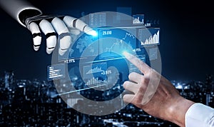 Futuristic Interaction Between Human Hand and Robotic Arm in a Digital Data Visualization Setting with Graphs and Charts