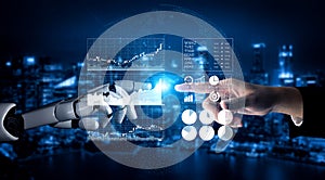 Futuristic Interaction Between Human Hand and Robotic Hand with Data Visualization in Background Impute