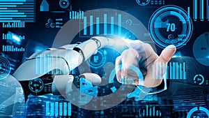 Futuristic Interaction Between Human Hand and Robotic Hand with Data Visualization and Digital Interfaces in a Modern