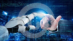 Futuristic Interaction Between Human Hand and Robotic Hand with Digital Background and Code Elements Representing