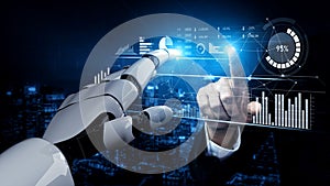 Futuristic Interaction Between Human Hand and Robotic Hand with Digital Interface Displaying Data and Graphs in a High