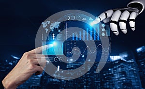 Futuristic Interaction Between Human Hand and Robotic Hand Displaying Data Visualization and Analytics in a High-Tech