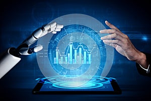 Futuristic Interaction Between Human Hand and Robotic Hand Featuring Data Visualization on Touchscreen in a Technology