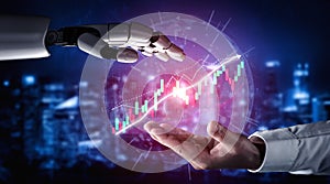 Futuristic Interaction Between Human Hand and Robotic Hand with Financial Graph Data Visualization at Night Impute