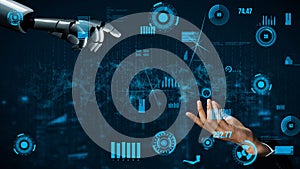 Futuristic Interaction Between Robot Hand and Human Hand with Digital Data Visualization in Background xenic