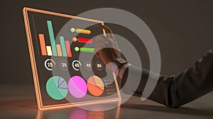 Futuristic interactive digital display showcasing financial data and analytics with glowing interface