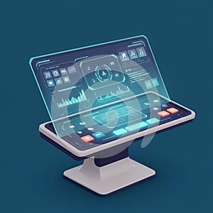 Futuristic, interactive digital interface featuring a holographic display panel with