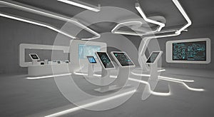 Futuristic interactive display exhibit hall with technological displays