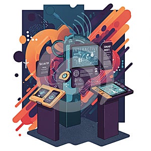 Futuristic interactive display setup featuring multiple digital screens and control